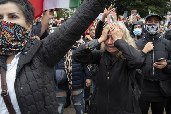 Nasi, last name unavailable, cries during a rally in Washington calling for regime change in Iran following the death of Mahsa Amini, a young woman who died after being arrested in Tehran by Iran’s notorious “morality police”.