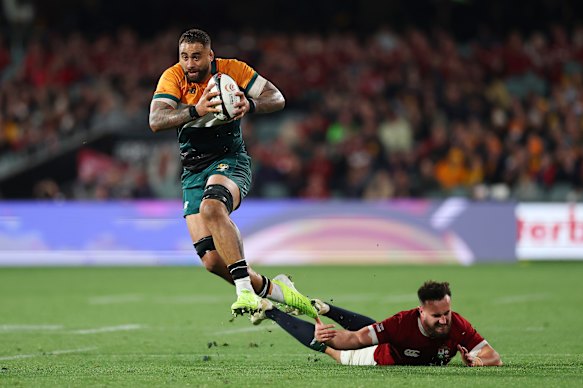 Lukhan Salakaia-Loto breaks a tackle against the Lions on Saturday.