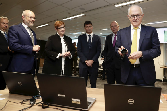 The then PM Malcolm Turnbull and ministers at the opening of the Australian Cyber Security Centre in 2018. 