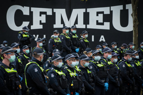 Police outside the CFMEU’s office last month