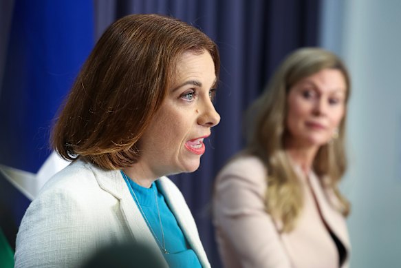 Minister for Communications and Minister for Sport Anika Wells (left) and eSafety Commissioner Julie Inman Grant during a press conference at Parliament House in Canberra on Wednesday.