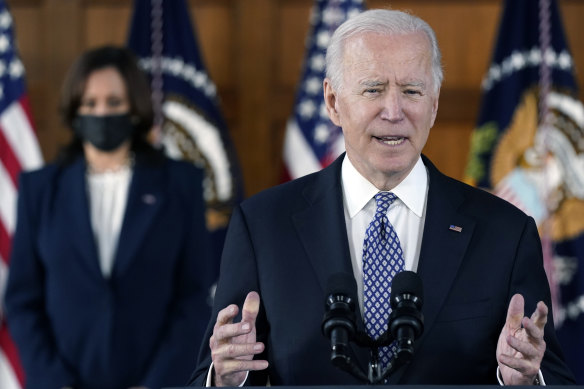 President Joe Biden speaks after meeting with leaders from Georgia’s Asian-American and Pacific Islander community.