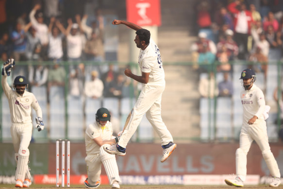 Ravi Ashwin gets the prized wicket of Steve Smith in Delhi in February.