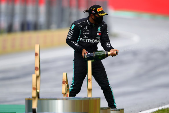 Lewis Hamilton celebrates victory in the Styrian GP.