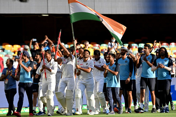 India celebrate a stunning series victory over Australia after their remarkable win in Brisbane.