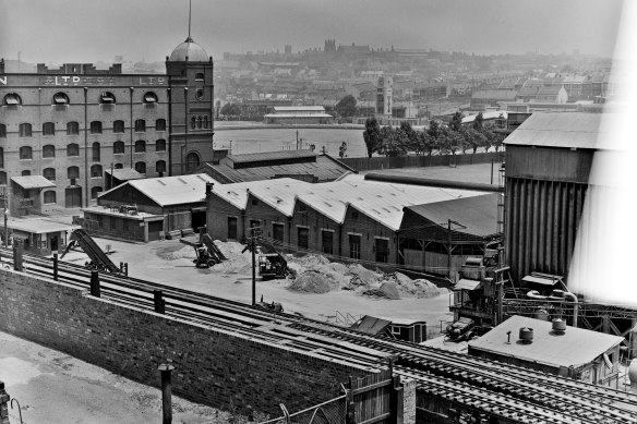 View south-west from Jones Street towards Fig and Wattle Streets showing the council depot in 1957.