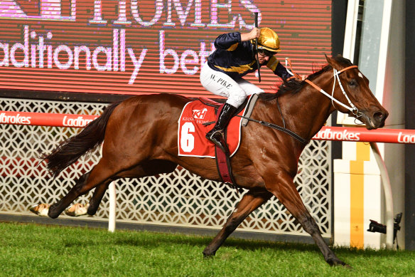 Willie Pike steers Masked Crusader to victory in the William Reid Stakes at Moonee Valley on Friday night.