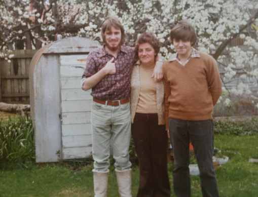 Left to right, Geoff Binns, mother Madeline Binns and brother Rodney Binns, with the shelter in the background, circa late 1970s.