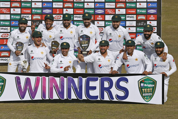 Pakistan celebrate their Test series win against South Africa in Rawalpindi this year.