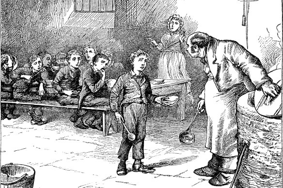A depiction of the famous scene from Dickens' <i>Oliver Twist</i> where Oliver asks Mr Bumble for more food. 