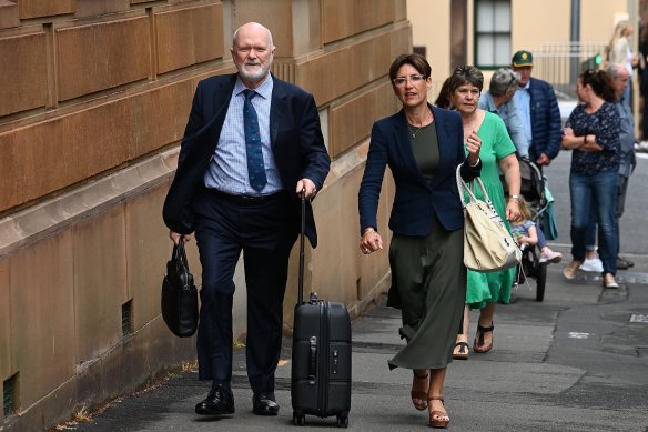 Emma Alberici, right, outside the LGBTIQ hate crimes inquiry in Sydney on Thursday.