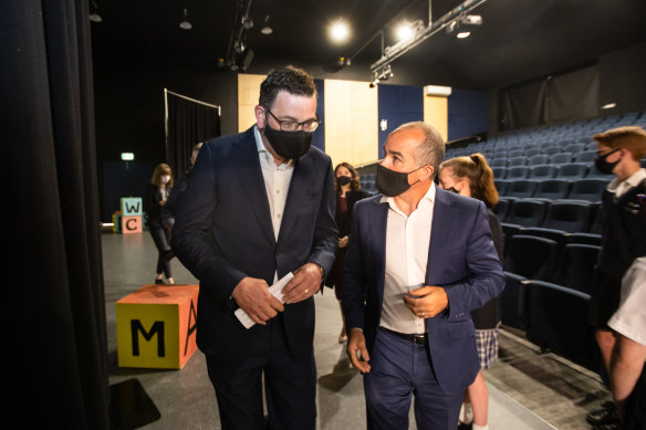 Premier Daniel Andrews speaks with Education Minister James Merlino at Thornbury High School on Tuesday morning.