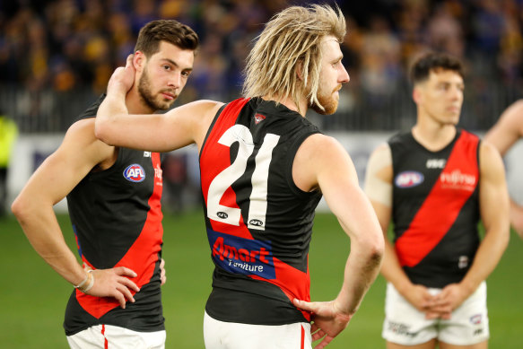 A dejected Dyson Heppell after Essendon's most recent finals loss, to West Coast, in 2019.