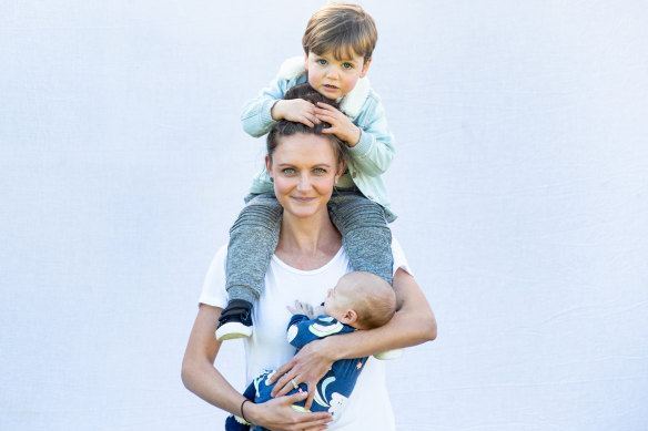 Clare Rooke with two year-old Harrison and baby Lewis, who was born just as Stage 3 isolation restrictions were about to commence in Victoria.