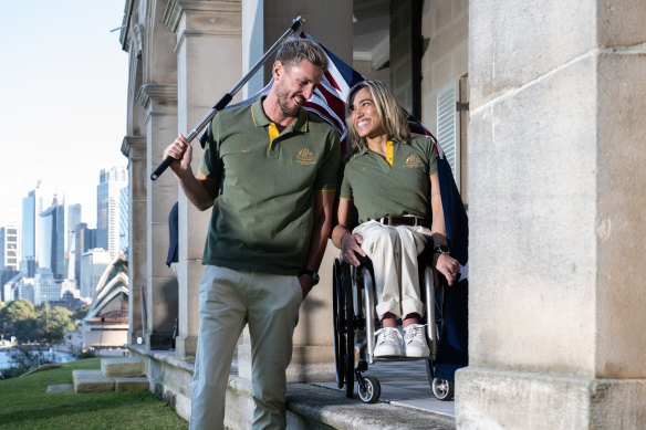 Australian Paralympians Brenden Hall and Madison de Rozario at Friday’s flag-bearer ceremony in Sydney. 