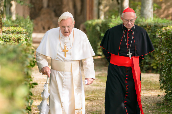 Jonathan Pryce stars as Pope Francis, and Anthony Hopkins plays Pope Benedict in The Two Popes. 