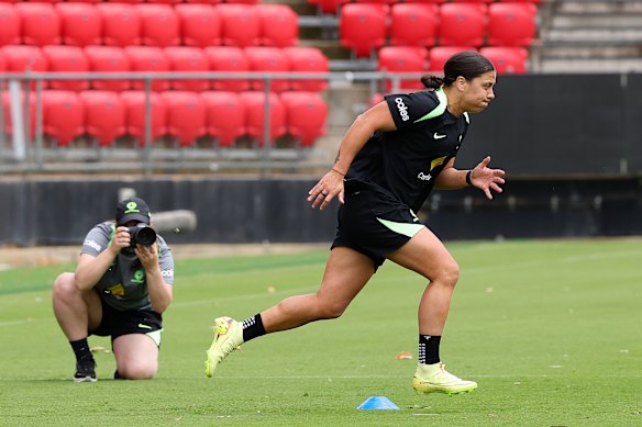 Sam Kerr trains with the Matildas at Coopers Stadium on Monday.