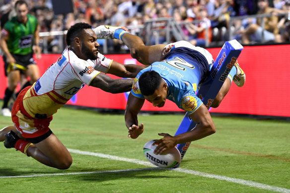 Alofiana Khan-Pereira scored four tries in the 40-16 trial win over the Dolphins, a week after scoring two tries in a 24-all draw with Brisbane.