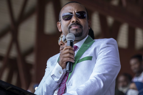 Ethiopian Prime Minister Abiy Ahmed speaks at a final campaign rally in the town of Jimma, Oromia, on Monday