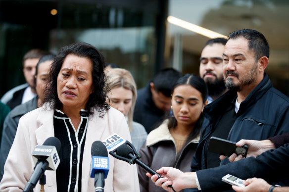 The parents of Keith Titmuss address media on Friday before the coroner handed down the findings of the inquest into his death.