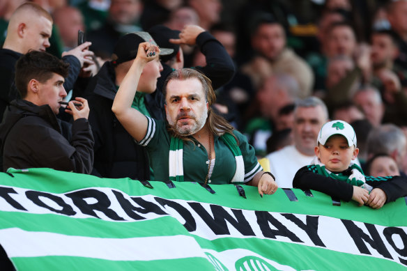 Celtic fans pay tribute to Ange Postecoglou during the Scottish Premiership match against Dundee United.