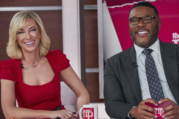 Actor Cate Blanchett as Brie Evantee and Tyler Perry as Jack Bremmer in Don’t Look Up.