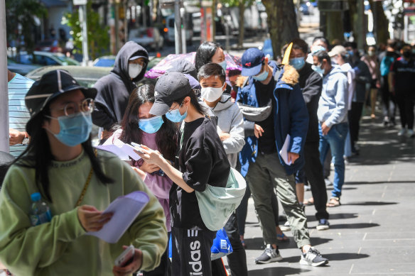 Melburnians queue for testing on Russell Street in the CBD.