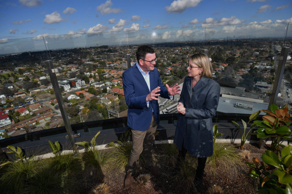 Premier Daniel Andrews and Transport Minister Jacinta Allan unveiling the planned Suburban Rail Loop just before the 2018 election.
