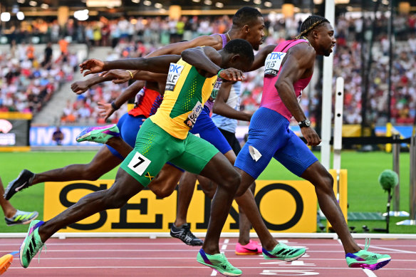 Noah Lyles winning the 100m final in Budapest.