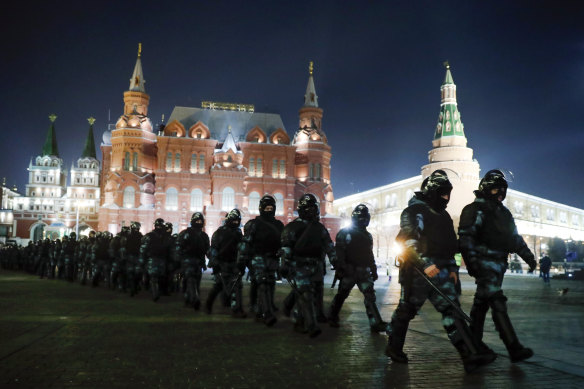 Servicemen of the Russian National Guard (Rosgvardia) gather at Red Square to prevent a protest rally in Moscow after Alexei Navalny’s arrest in 2021.