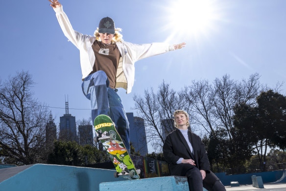 Ava Godrey is one of the skateboarding stars of Queens of the Concrete. She is pictured with filmmaker Eliza Cox at Riverslide Skate Park in Melbourne.