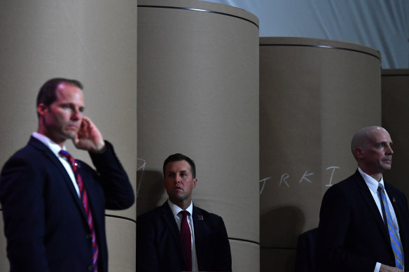 Secret Service officers watch as US President Donald Trump and Prime Minister Scott Morrison attend an event in Ohio, in September.