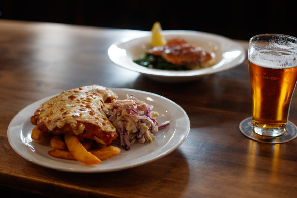 The chicken parmigiana and the miso salmon at the Iron Duke Hotel.