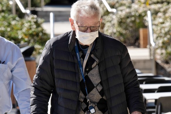 Melissa Caddick’s father Ted Grimley arrives at the coronial inquest.