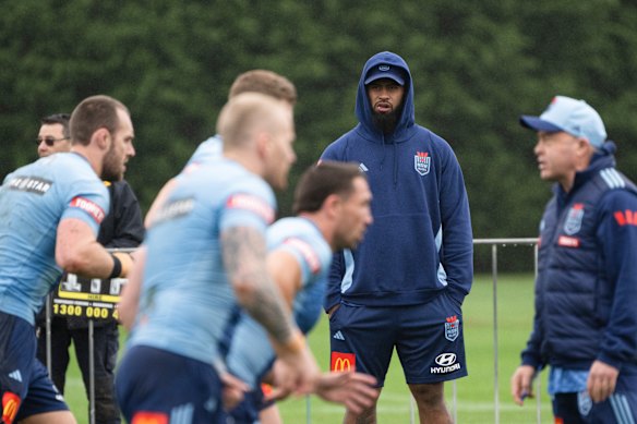 Payne Haas watches Blues training from the sidelines at Wentworth Falls.