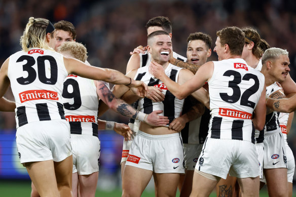 Lachlan Sullivan celebrates his goal with teammates.