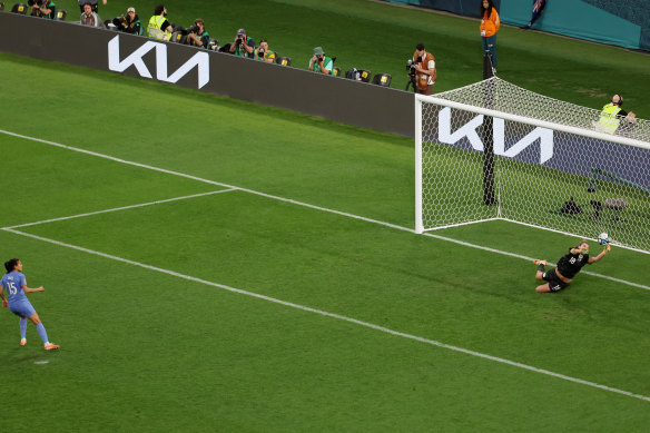 Australia’s Mackenzie Arnold saves one of the penalty kicks taken by France’s Kenza Dali in the World Cup quarter-final.