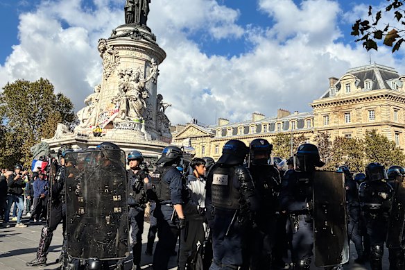 Protesters have repeatedly defaced the statue at the centre of Paris’ Place de la Republique