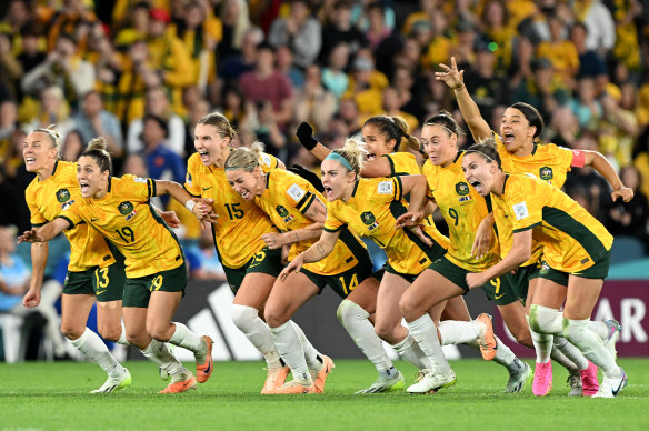 Australian players celebrate the Matildas’ win over France at Suncorp Stadium in 2023.