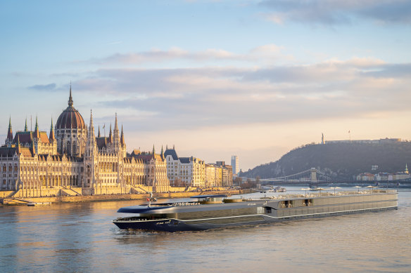 A render of the APT Solara in front of the Hungarian Parliament Building.