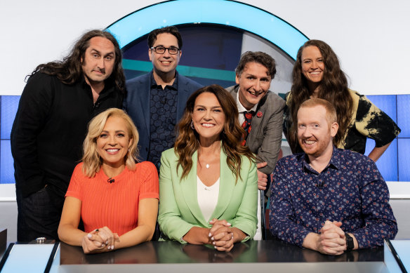 The Australian version of Would I Lie to You cast in episode one (clockwise from left) Ross Noble, team captains Chris Taylor and Frank Woodley, Zoe Coombs Marr, Luke McGregor, host Chrissie Swan and Carrie Bickmore. 
