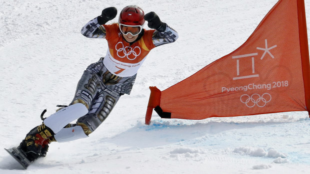 Gold medal winner Ester Ledecka runs the course during the women's parallel giant slalom final.