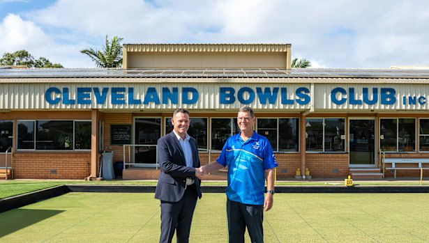 Carina Leagues Club CEO Adam Wiencke and Cleveland Bowls Club Chairman Darryl McConochie at Cleveland Bowls Club.