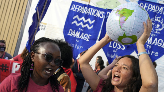 Demonstrators demand pay for loss and damage at the COP27 UN Climate Summit in Sharm el-Sheikh, Egypt.