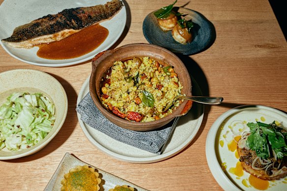 Goulburn River trout and bisi bele bath (a rice and lentil dish).
