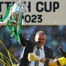 GLASGOW, SCOTLAND - JUNE 03: Angelos Postecoglou, Manager of Celtic, lifts the Scottish Cup trophy after the team’s victory during the Scottish Cup Final between Celtic and Inverness Caledonian Thistle at Hampden Park on June 03, 2023 in Glasgow, Scotland. (Photo by Mark Runnacles/Getty Images) Subscription image