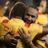 Justin Olam of Papua New Guinea celebrates during the Men’s International Test Match between Papua New Guinea and Fiji.