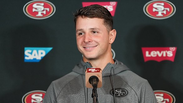 San Francisco 49ers quarterback Brock Purdy speaks to the media on Tuesday.