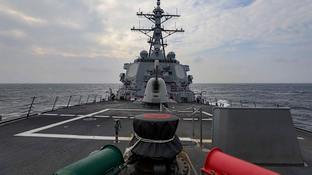 The USS Higgins is shown passing through the Taiwan Strait in 2022.