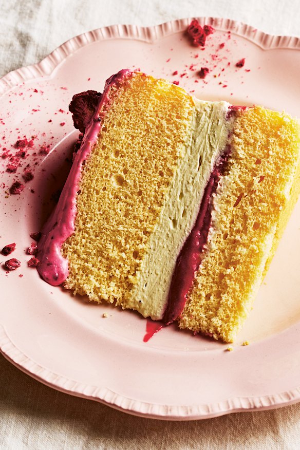 The Beatrix Bakes featherlight sponge cake sandwiched with blackberry and lime curd and whipped cream.